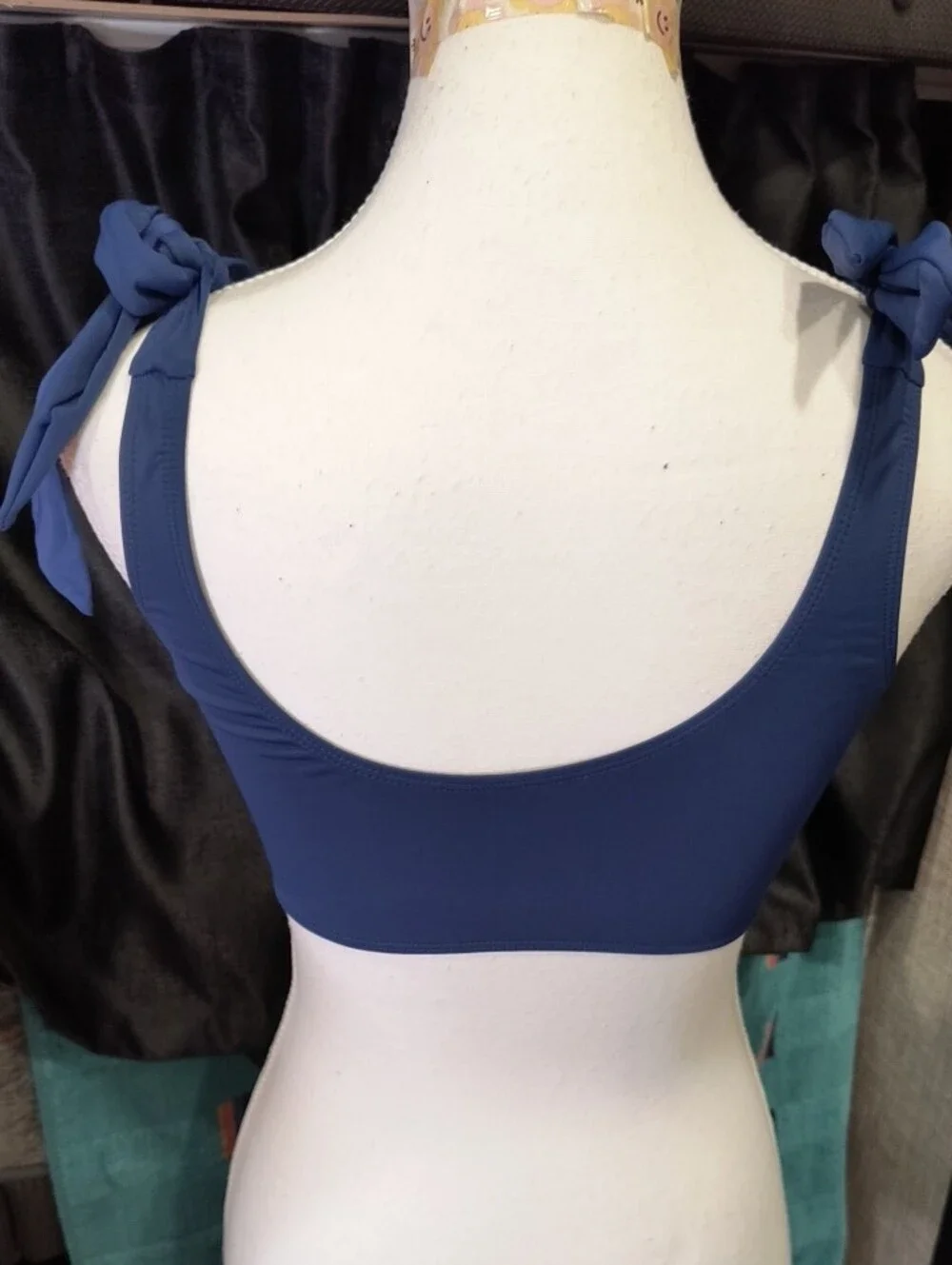 Navy Knot-Shoulder Swim Crop Top